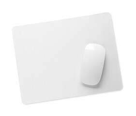 Wireless mouse and mousepad isolated on white, top view
