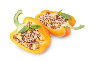 Quinoa stuffed bell pepper with basil isolated on white