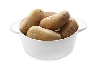 Raw potatoes in pot isolated on white