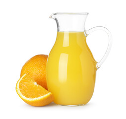Tasty orange juice in glass jug and fresh fruits isolated on white