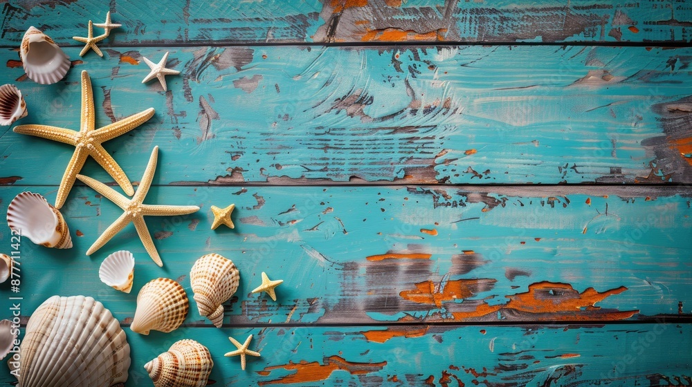 Poster seashells fish and starfish on rustic wooden surface with a turquoise background vacation theme top 