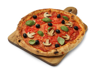 Delicious pizza with tomatoes, mushrooms, black olives and basil isolated on white