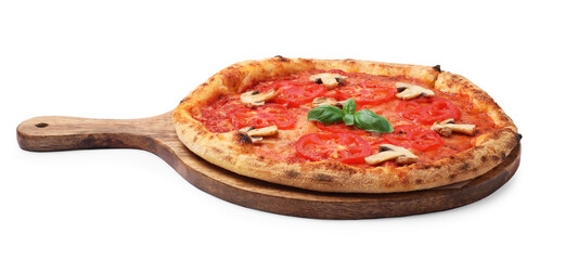 Delicious pizza with tomatoes, mushrooms and basil isolated on white