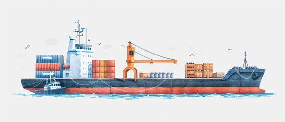 Obraz premium A charming watercolor illustration of exporting, showing goods being prepared and shipped to international markets, isolate on white background with copy space