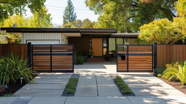 Mid-century modern suburban home with a front gate that features personalized entry codes and remote access for guests