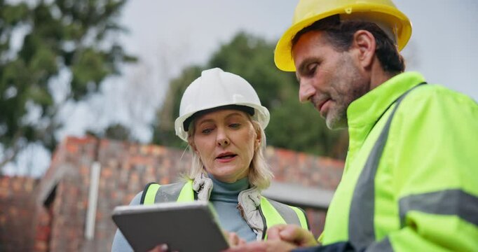 Tablet, research or people in construction site talking for building architecture or engineering inspection. Teamwork, developer or builder with outdoor maintenance tutorial, advice or contractor