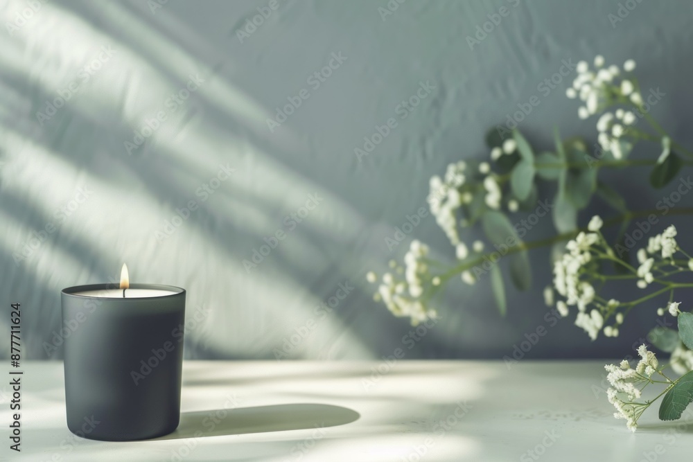 Aufkleber aromatic candle burning with a soft flame on a table, creating a relaxing and cozy atmosphere with n
