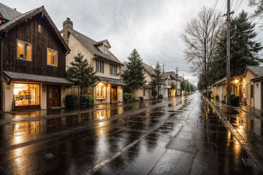 a wet street with a row of houses on the side of it and a few cars parked on the side under dark coudy sky