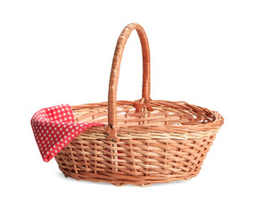 One picnic wicker basket with checkered napkin isolated on white