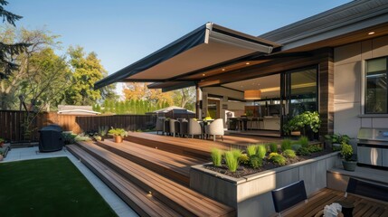 Mid-century modern suburban home with a backyard deck that features built-in seating, planters, and a retractable awning