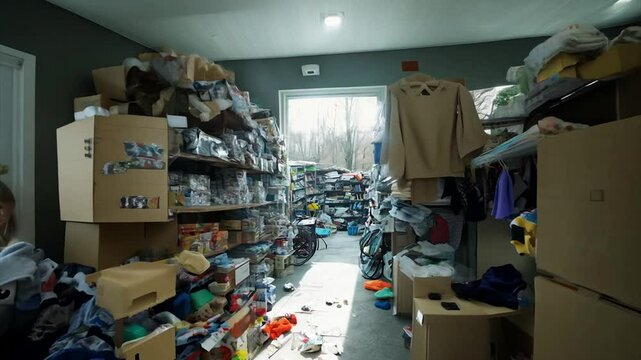 Steadicam shot walking through a hoarder house with piles of stuff everywhere.