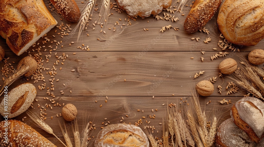 Poster creative arrangement of various types of bread and wheat spikelets on wooden surface concept of nutr