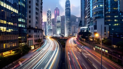 A dynamic cityscape with light trails from fast-moving vehicles, representing urban life and modern transportation.