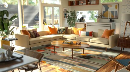 Mid-century modern suburban living room with a modular layout that allows for easy reconfiguration based on the homeowner's needs