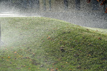 Green grassy area with scattered autumn leaves being sprayed with water droplets captured in mid-air. Relevant for themes related to gardening, irrigation systems
