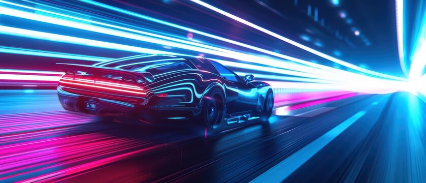 A hightech vehicle transforms into a spectral chariot as it drives through a portal to a parallel universe, blending fantasy and innovation in high tech, with copy space