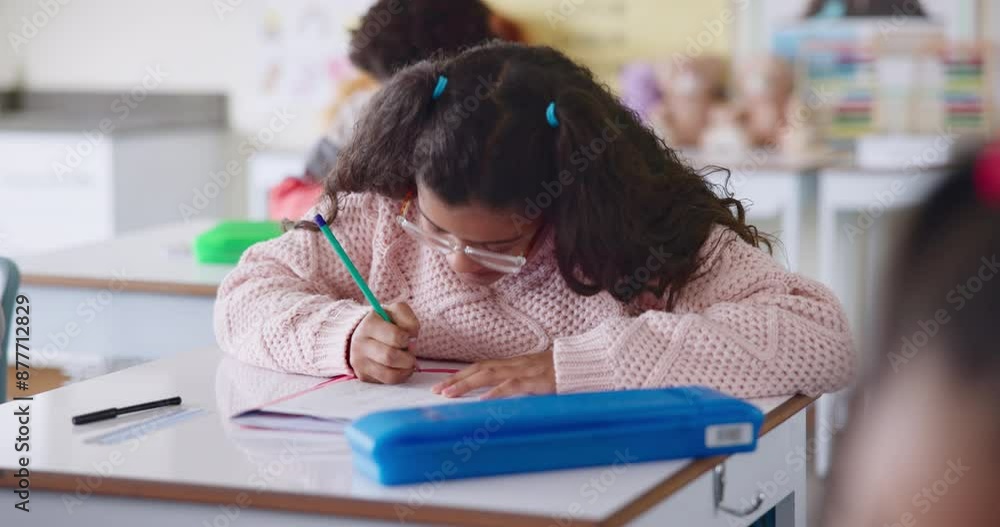 Poster classroom, thinking and kid writing in school for lesson, language skills and learning for assessmen