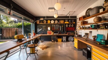 Mid-century modern suburban garage converted into a stylish workshop with custom storage for tools and vintage decor