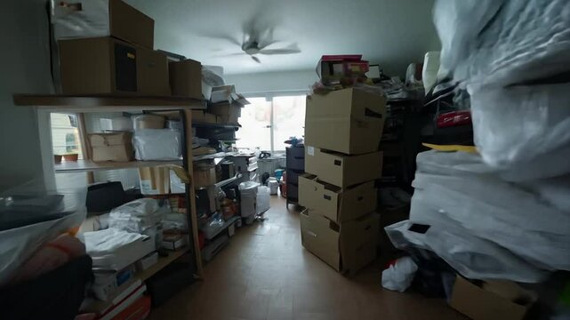 Steadicam shot walking through a hoarder house with piles of stuff everywhere.