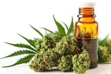 Fototapeta premium Bottle of cbd oil is surrounded by fresh, high quality marijuana buds