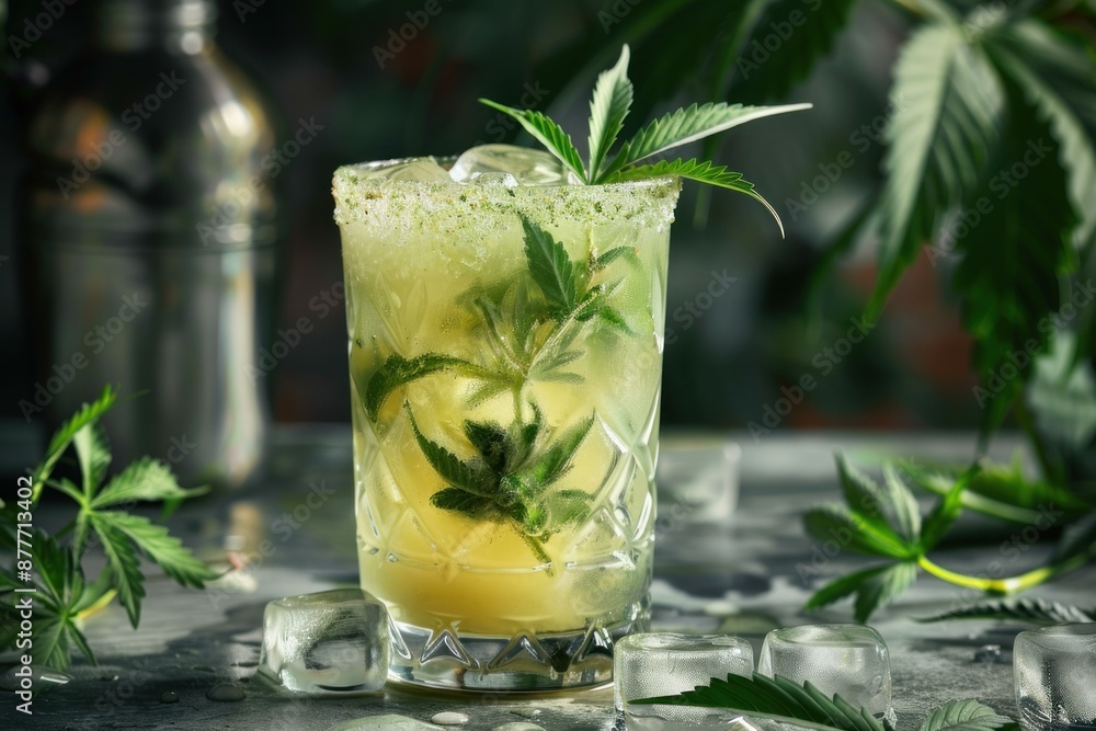 Poster Refreshing cannabis cocktail being prepared with a blend of natural ingredients, bringing a touch of coolness and relaxation