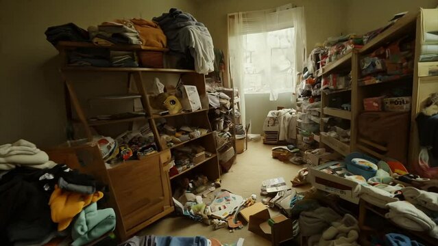 Steadicam shot walking through a hoarder house with piles of stuff everywhere.