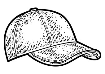 Baseball cap sketch engraving PNG illustration. T-shirt apparel print design. Scratch board imitation. Black and white hand drawn image.