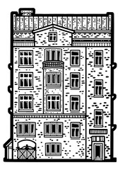 old apartment building sketch engraving PNG illustration. T-shirt apparel print design. Scratch board imitation. Black and white hand drawn image.