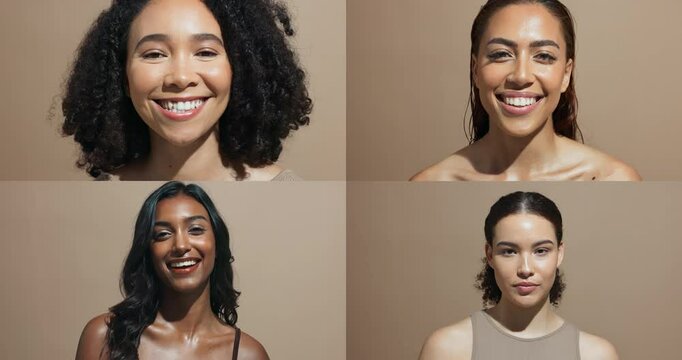 Beauty, collage and women faces with smile, wellness and eco friendly makeup with facial. Portrait, studio and diversity of montage and split screen of dermatology, treatment and natural cosmetics