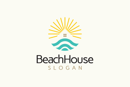 Beach or coast logo in simple sun and ocean shape, Summer Beach House Logo Template &ndash; Vacation Home & Waterfront Brand Identity