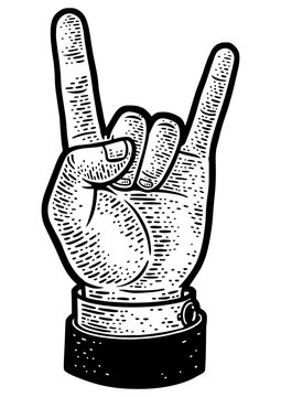 Sign hand rock and roll heavy metal on white background sketch engraving PNG illustration. Sign of horns hand gesture. T-shirt apparel print design. Scratch board. Black and white hand drawn image