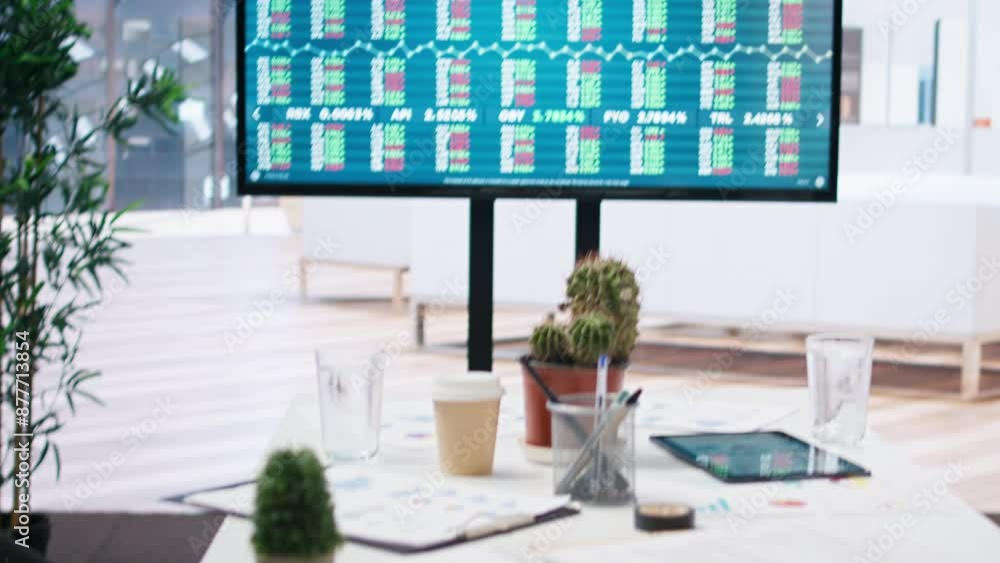 Poster market index listings values going up and down on monitor, price volatility concept. broker trading 