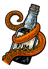 octopus tentacle with a bottle of rum color sketch engraving PNG illustration. T-shirt apparel print design. Scratch board imitation. Black and white hand drawn image. © Oleksandr Pokusai