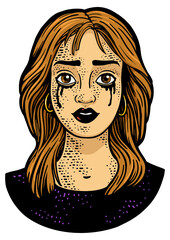 Tear stained girl with flowing mascara color sketch engraving PNG illustration. T-shirt apparel print design. Scratch board imitation. Black and white hand drawn image.