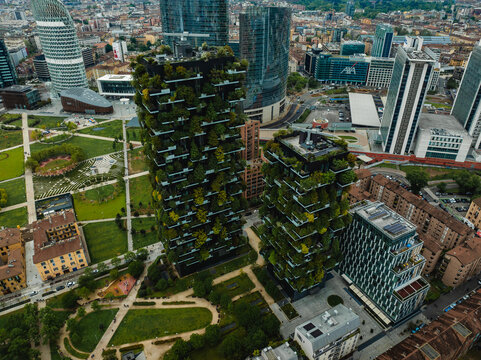 aerial photo with drone of the city of Milan Italy in Gae Aulenti square