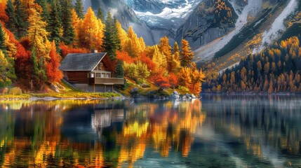 Fototapeta premium A Cabin Nestled Among Autumn Trees on a Mountain Lake