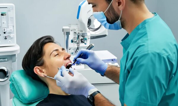 Dentist doctor examining patient with medical equipment in clinic.