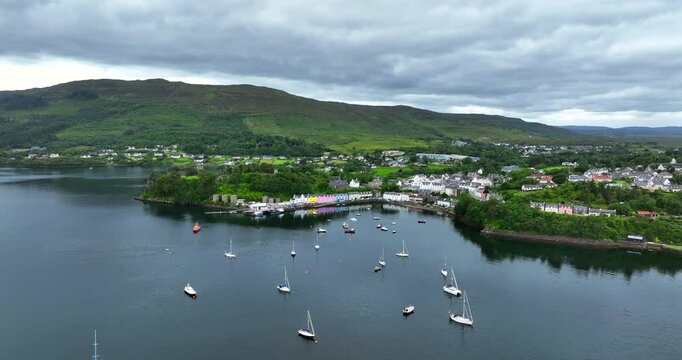 Aerial view of Portree Harbour and town in Isle of Skye, Scotland, UK