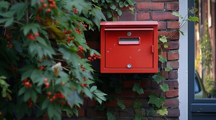 A red mailbox is mounted on a brick wall, with green ivy growing nearby.