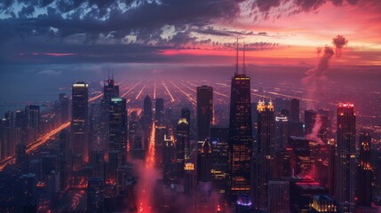 A stunning aerial shot of a major U.S. city skyline at dawn, featuring vibrant colors and dramatic lighting that highlights the urban landscape and architectural marvels.