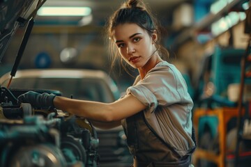 Young female mechanic is working under the hood of a car in a garage