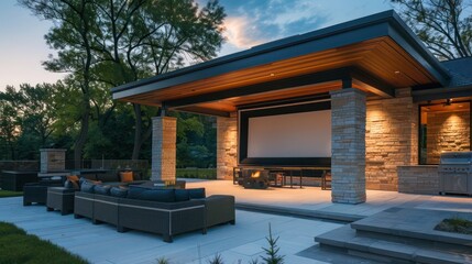 Suburban contemporary home with an outdoor entertainment pavilion that includes a high-definition projector and surround sound