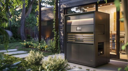 A large, black energy storage system is situated on a patio outside a modern house, surrounded by landscaping.