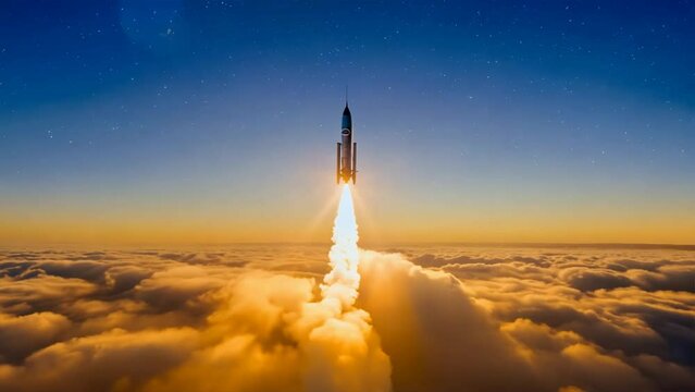 A powerful white rocket streaks through a vibrant blue sky, leaving a trail of smoke as it bursts past wispy clouds on its journey to space