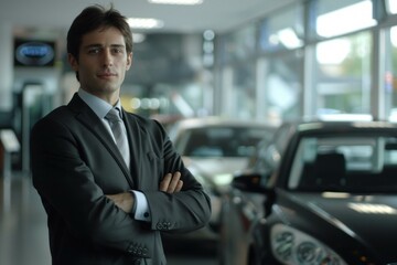 Fototapeta premium Professional car salesman is standing with his arms crossed in a dealership showroom, ready to assist customers with their automotive needs