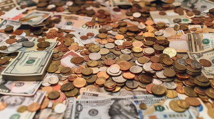 A lavish display of wealth, with the scene overflowing with British pound banknotes and coins