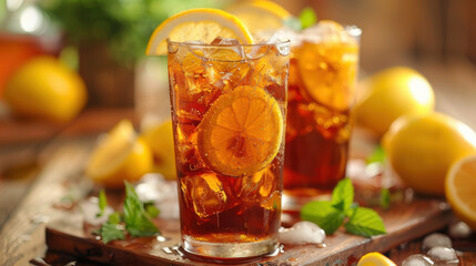 Close-up of two glasses of iced tea with lemon slices and mint leaves on a sunny outdoor table.
