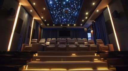 Suburban contemporary home with a private cinema room that features tiered seating, surround sound, and starlight ceiling panels