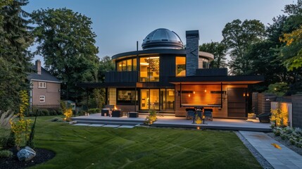 Obraz premium Suburban contemporary home with a backyard observatory featuring a retractable roof for amateur astronomy enthusiasts