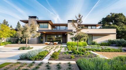 Obraz premium Suburban contemporary home with a smart irrigation system that adjusts based on weather predictions and soil moisture levels